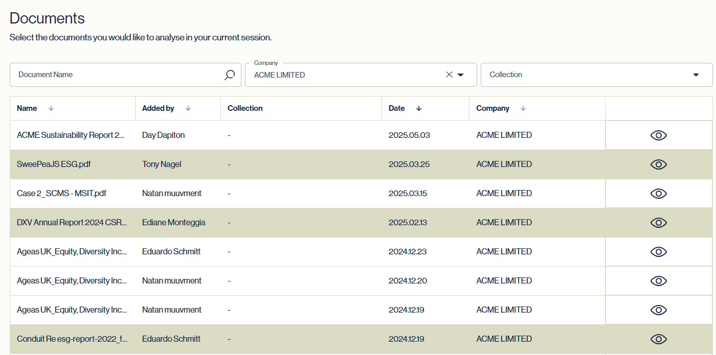Muuvment IQ interface: It's best to start by reviewing your list of available reference documents already in your Documents store and selecting any that are relevant.