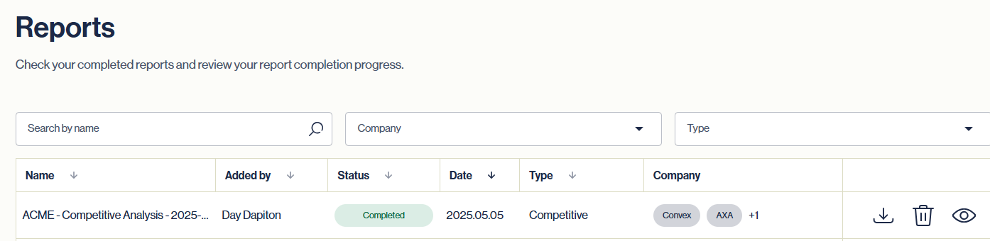 Muuvment IQ interface: Search by name, company or report type.