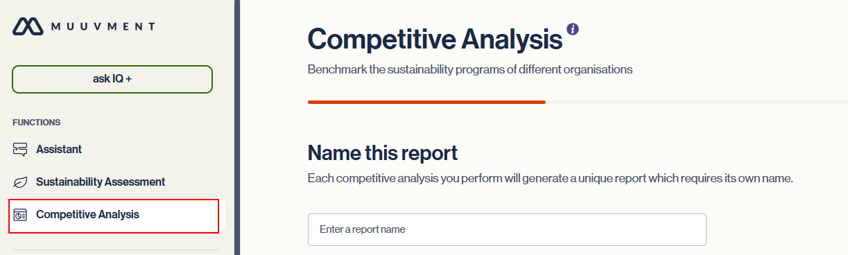Muuvment IQ interface: Start by selecting Competitive Analysis in the sidebar.